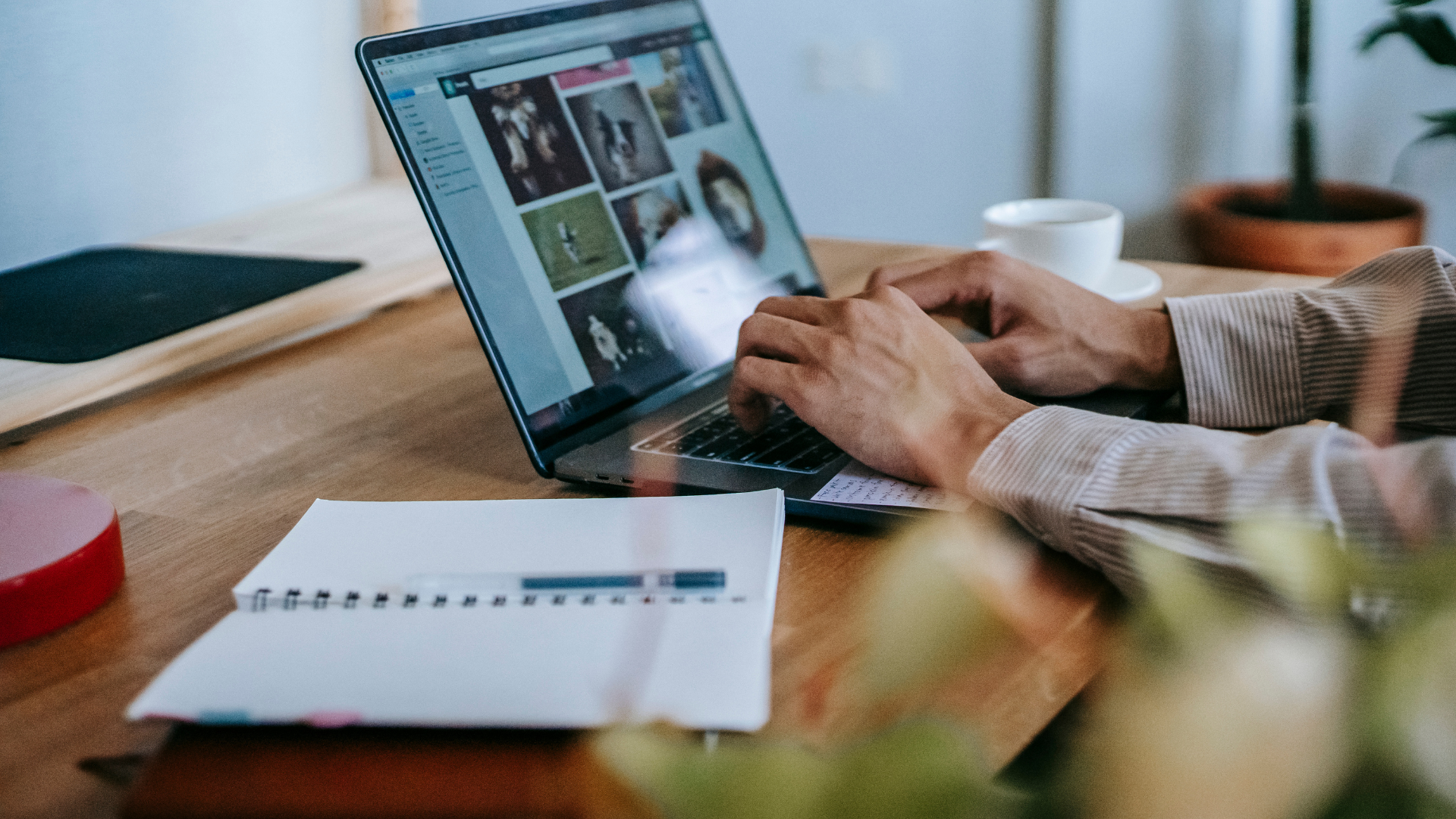 Freelancer working on a laptop at a cozy workspace, organizing visual content with a notebook and coffee in the background